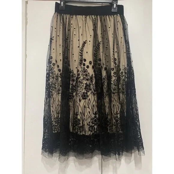 Metro Wear Skirt Black Mesh Floral Overlay Tan Lining Sz PS Elastic Waist 28 - Picture 2 of 14